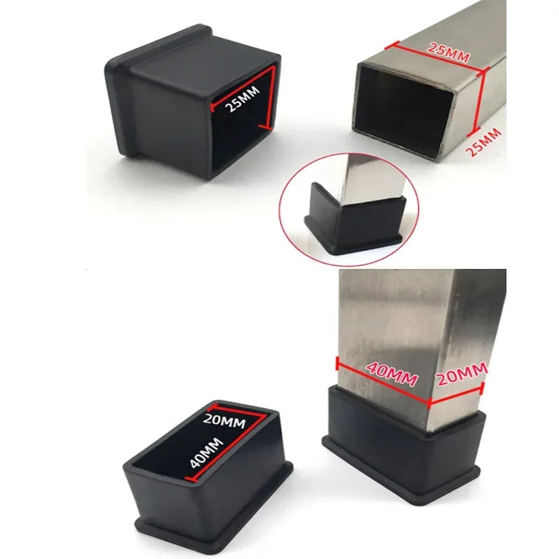 Black Chair Leg Caps Square Rectangle Rubber Table Feet Furniture Tube End Covers Tips Non-slip Floor Protector Pads Pipe Plugs