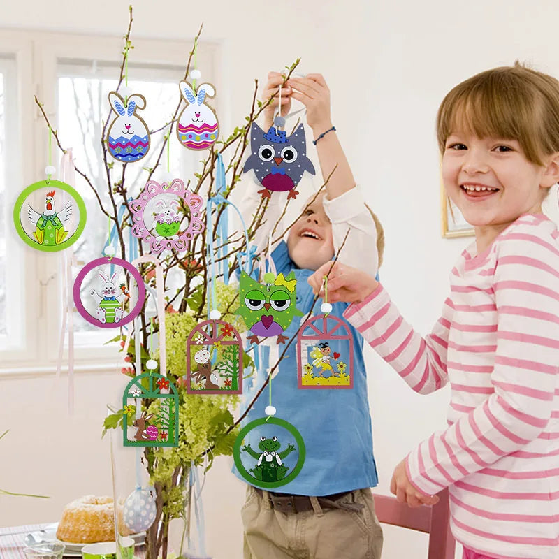12/9pcs Happy Easter Wooden Pendant Cute Bunny Egg Carrot Chick Hanging Ornaments Spring Easter Party Home Decoration DIY Wreath