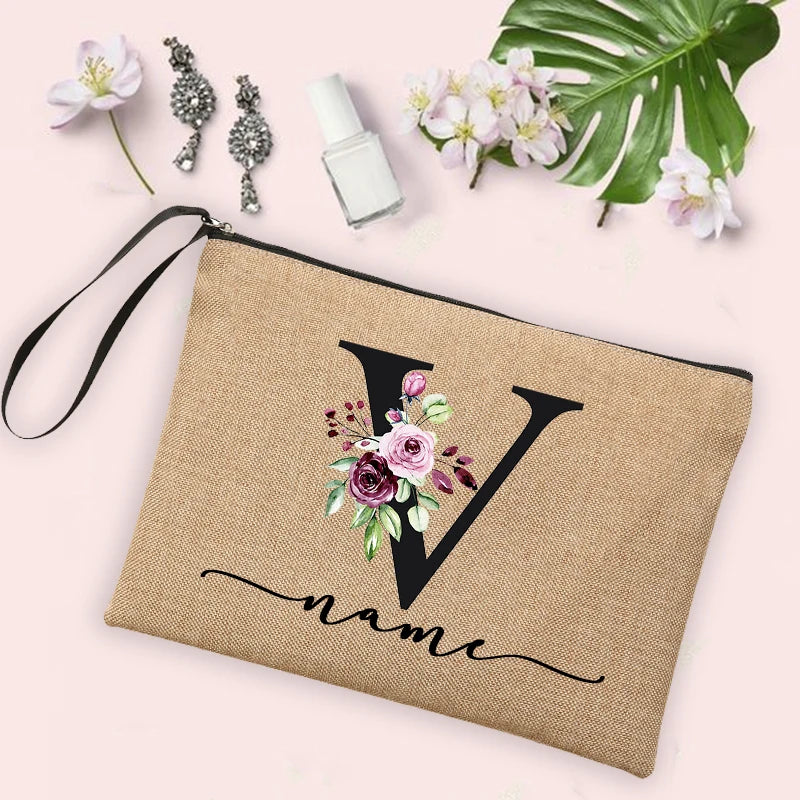 Flower Initial Letter Custom Name Cosmetic Bag Women Neceser Makeup Bag Linen Zipper Pouch Travel Toiletry Organizer Mujer Bolsa