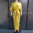 Ellafads Women Summer Dress Casual Loose Pleated Design Short Sleeve With Button Lapel Lace-Up Solid Shirt Dresses