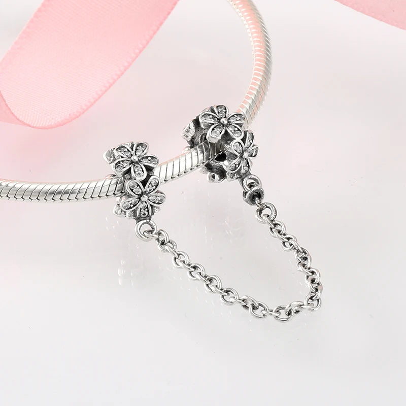 Real 925 Sterling Silver Charms Bead Heart Flower Round Shape Safety Chain Charms Fit Original Charm Bracelet Jewelry Making