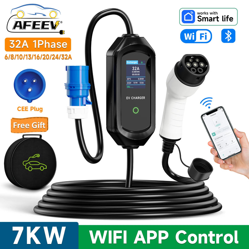 AFEEV Type 2 Portable EV Charger 7KW 32A 1Phase Wallbox Type1/GBT EVSE Fast Charging Cable CEE Plug WIFI APP Bluetooth Control