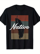 Men's Native Pride Cotton T-Shirt - Casual Crew Neck with Bold Feather Graphic, Machine Washable Summer Wear