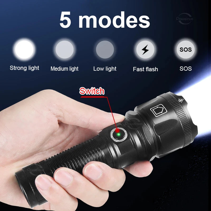 Most Powerful LED Flashlight white-laser Tactical Flash Light Rechargeable Torch Long Range Lamp Camping Hunting Lantern XHP360