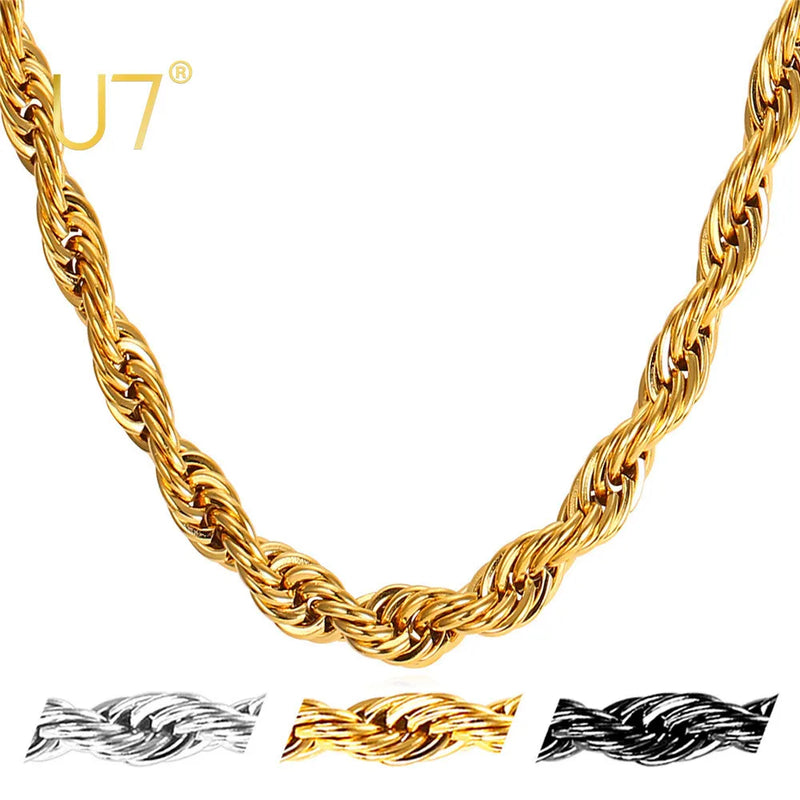 U7 Thick Stainless Steel Twisted Rope Chain Necklace For Men Gold Color Hippie Rock Chain Choker 18 -30" Classic Hip Hop Jewelry