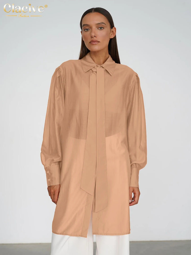 Clacive Fashion Loose White Women Blouse 2025 Casual Lapel Long Sleeve Shirt Elegant Classic Tie See Through Top Female Clothing