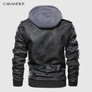 CARANFIER Mens PU Hooded Jackets Coats Motorcycle Biker Faux Leather Jacket Men Classic Winter Coat Clothes  European Size