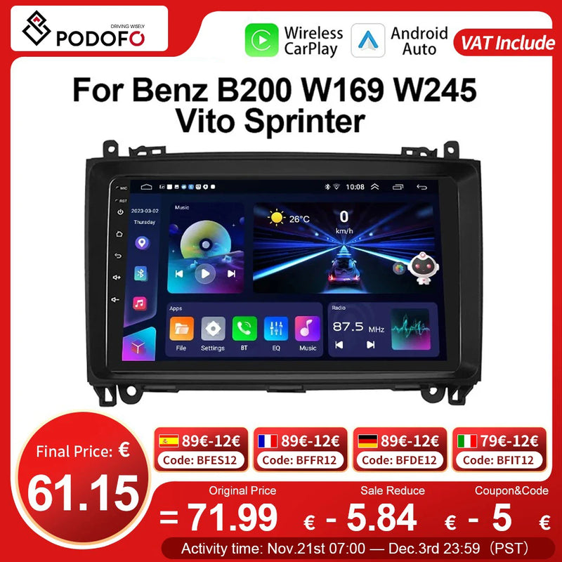 Podofo CarPlay Android Car Radio For Mercedes Benz B200 Sprinter W906 W639 Class W169 W245 Multimedia Player 2din 4G Head Unit