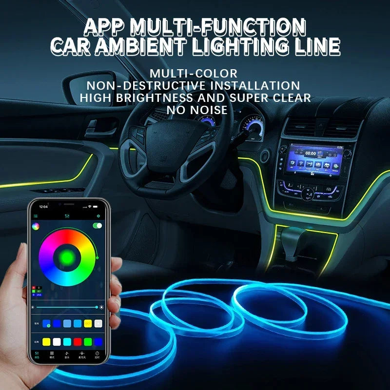 Car RGB Ambient LED Light Strip USB Fiber Optic Atmosphere Neon Invisible Light Strip Center Console Door Decoration Lamp