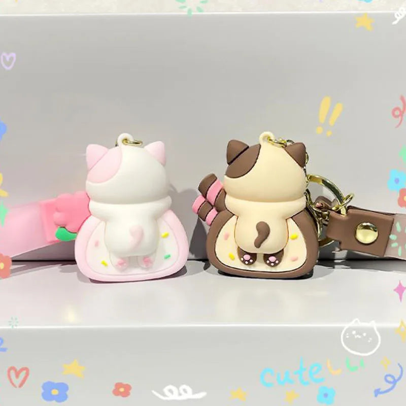 Kawaii Cat Keychain Cute Cartoon Keyring Pvc Cake Roll Key Accessories Bag Pendant Anime Key Chain for Girl Couple Trinket Gift