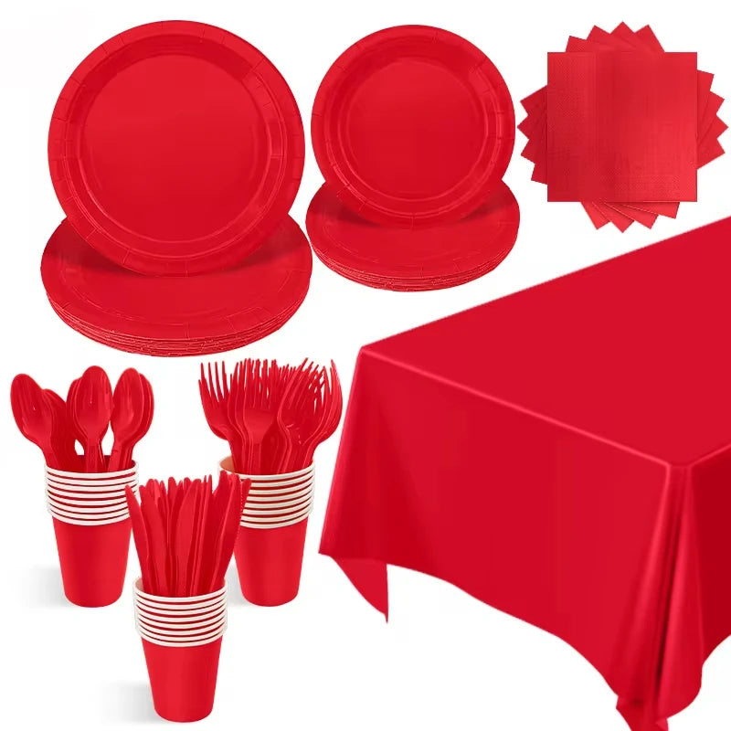 Solid Red Theme Birthday Party Supplies Disposable Dinnerware Paper Napkin Cup Plate Tablecloth Banner for Wedding Decoration