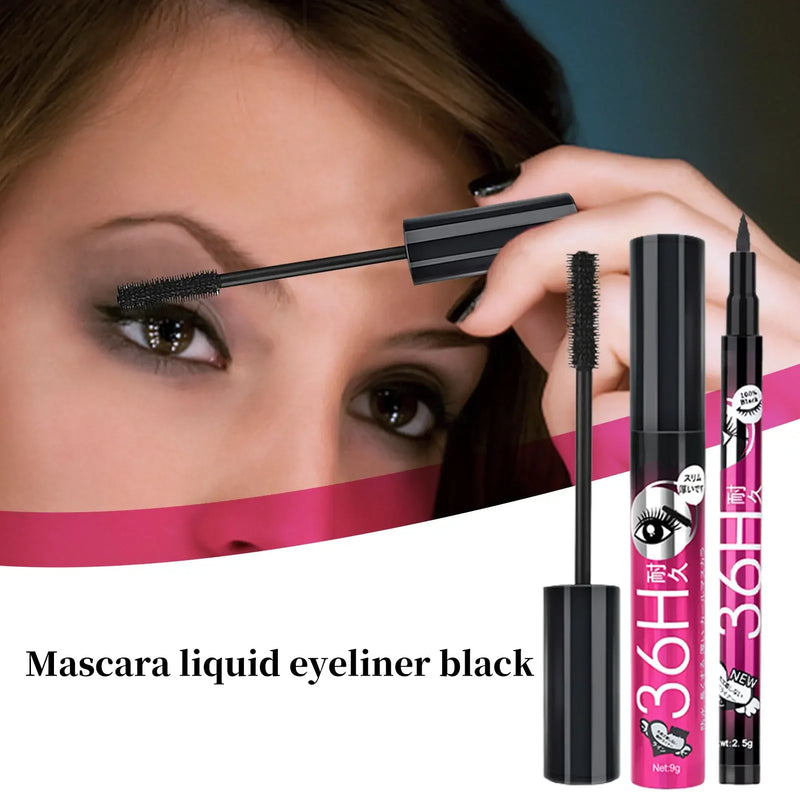 New 36 Hour Mascara & Eyeliner Set 2 In 1 Mascara Eyeliner Pencil 36H Long lasting Smudge Proof Liquid Eyeliner Pencil Mascara