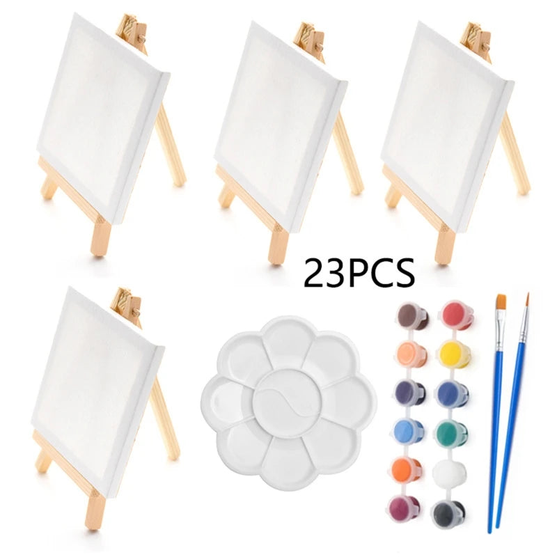 23 Pcs Mini Wood Easel and Painting Canvas Set Acrylic Drawing Paint Kit 12 Colors Acrylic Paint for Kids Birthday Party