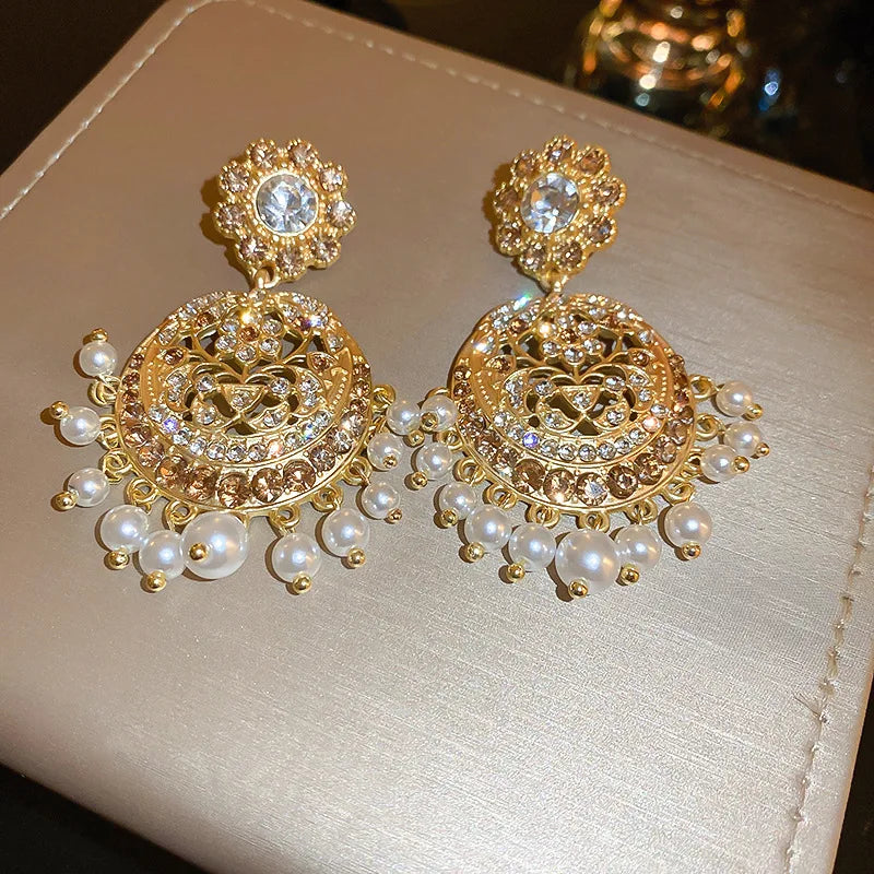 New Baroque Style Gold Color Rhinestone Flower Pearl Tassel Earrings For Women Statement Jewelry Vintage Crystal Earings Party