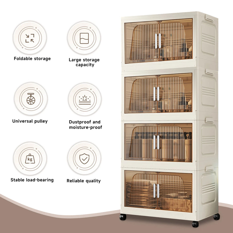 3/4-layer Stackable Storage Bins Storage Box with Lid Collapsible Storage Cabinet Organizers with Wheels for Shoes Home Office