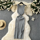 Green New Summer Knit Sexy Strap Dress Women Tank Elatic Waist Bodycon Sundress Female Beach Split Maxi Long Dress