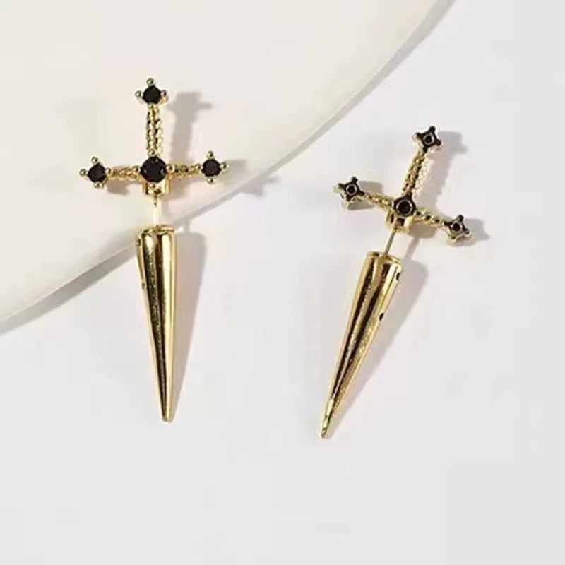 Goth Kinitial Sword Earrings Vintage Punk Crystal Ear Jacket Gothic Dagger Stud Earrings Jewelry Gift For Women Girls Ear Studs