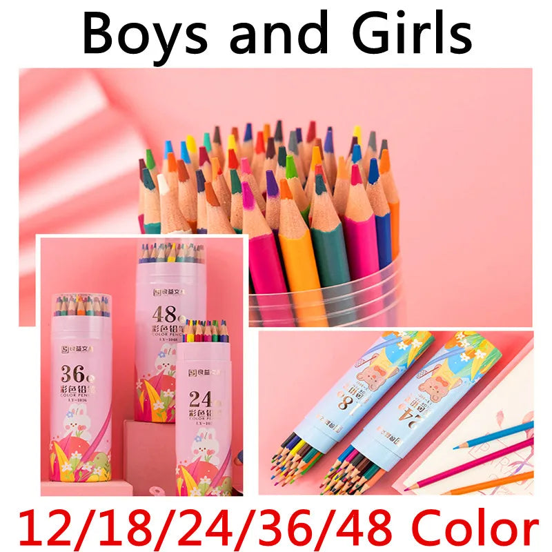 Pretty Barrel 48 Color Pencils Crayons Set for Kids Kawaii Stationery Drawing Colored Pencils for Children Painting Art Supplies