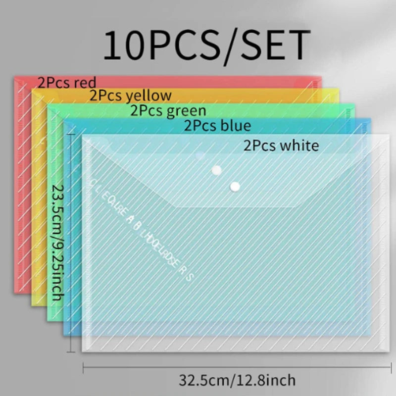 10 Pieces A4 Twill Waterproof Snap Buckles Large Capacity Office Materials Student Test Paper Bags Transparent File Bags