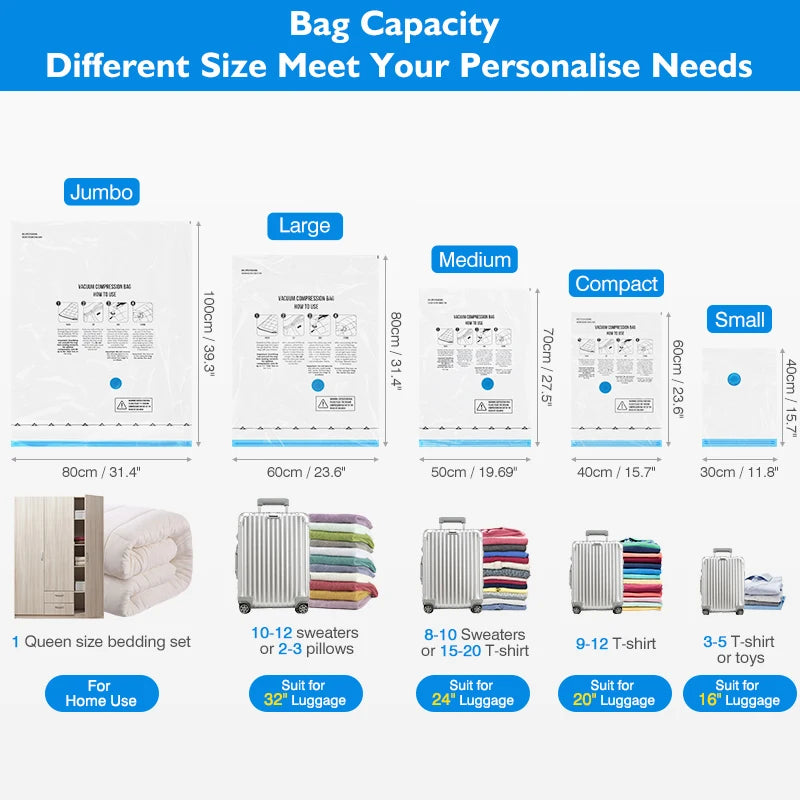 10pcs Various Size Vacuum Storage Bags Space Saver Bags for Travel Home Clothing Compressed Organizer Cordless Electric Pumps
