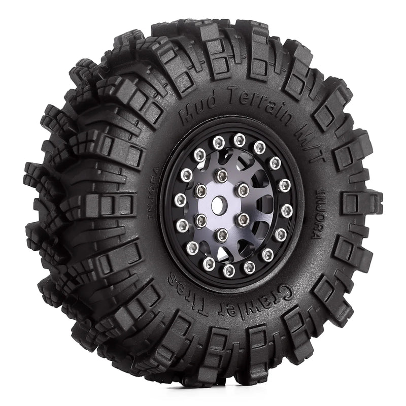 INJORA 1.0 Beadlock Wheel Rims Mud Terrain Tires Set For 1/24 RC Crawler Car Axial SCX24 FMS FCX24 Enduro24 AX24 (W1049-T1007)