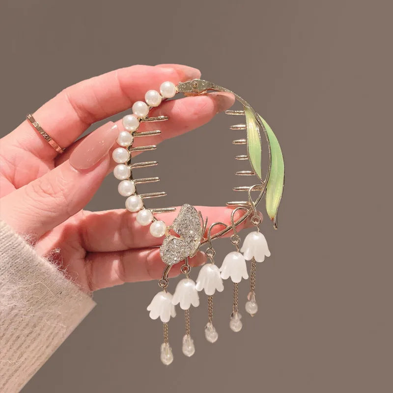 Flower Tassel Hair Clip Women Ladies Butterfly Rhinestone Pearl Metal Hair Claw Round Bun Ponytail Holder Hair Accessories