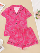 Casual pink leopard print pajama set for women lapel short-sleeved top and baggy shorts loungewear for women