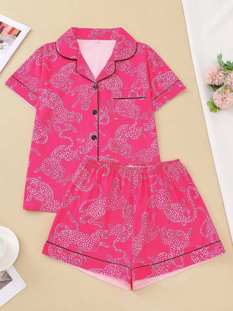 Casual pink leopard print pajama set for women lapel short-sleeved top and baggy shorts loungewear for women