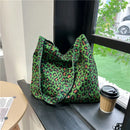 Women's Corduroy Shoulder Crossbody Bag Green Leopard Print Cloth Large Capacity Handbag Casual Travel Shopping Totes