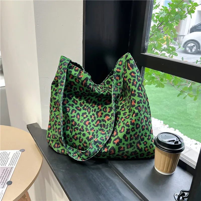 Women's Corduroy Shoulder Crossbody Bag Green Leopard Print Cloth Large Capacity Handbag Casual Travel Shopping Totes