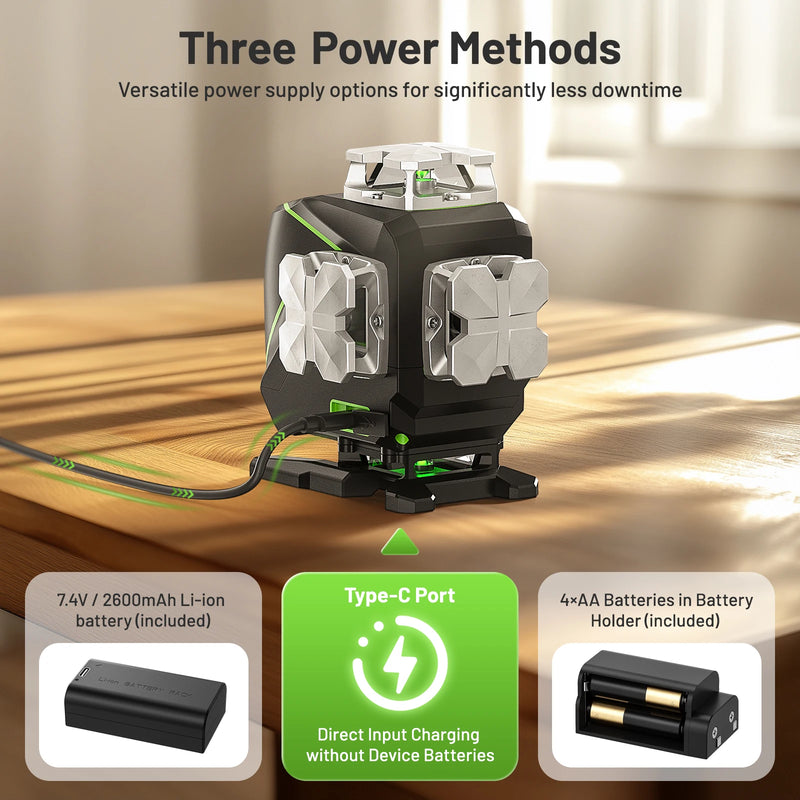 Huepar S04CG-C Set 4D 16 Lines Cross Line Laser Level LCD/Bluetooth/Remote Laser Tools With Detector Tripod Rangefinder Adapter