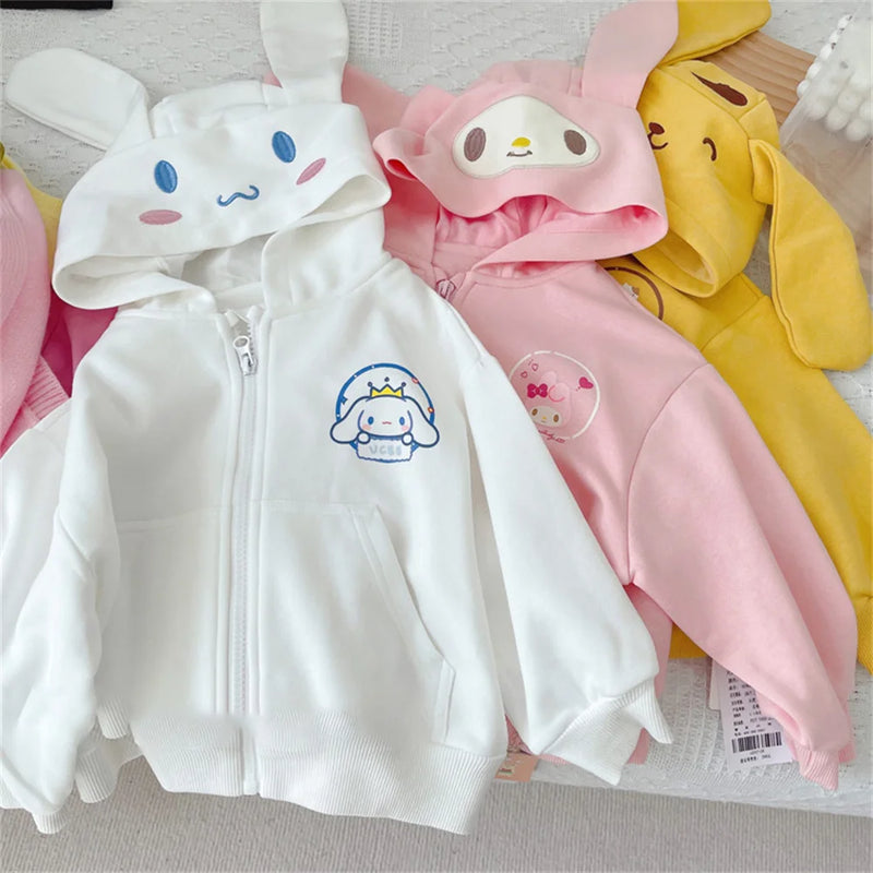Kawaii Sanrio MyMelody Kuromi Cinnamoroll PomPom Purin Anime Children Sweater Autumn Cute Printed Zipper Long Sleeve Coat Jacket