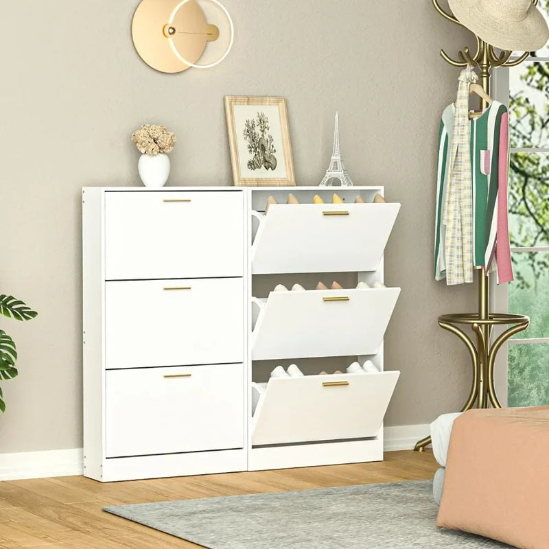 Narrow shoe cabinet, entrance shoe cabinet with 3 flip-out drawers, wooden hidden shoe cabinet, organizer