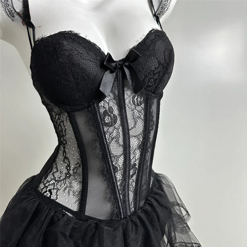 Sexy Bustier Corset Dress Lace Fishbone Corset Top with Waistband Mesh Ruffles Gathered Underwear Nightgown Charm Home Clothes