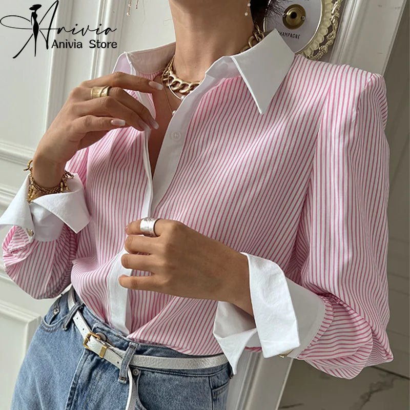 Women's Spring and Autumn Polo Collar Long sleeved Striped Shirt Elegant Office Commuting Fashion Top 2024 New Pink Grey Blue