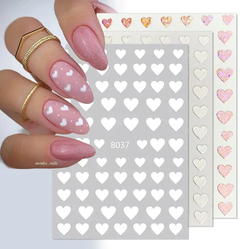 3 Packs 3D Laser Heart Alphabet Nail Art Stickers Nail Art Decorations Flowers Stars Black and White Nail Art Decorations