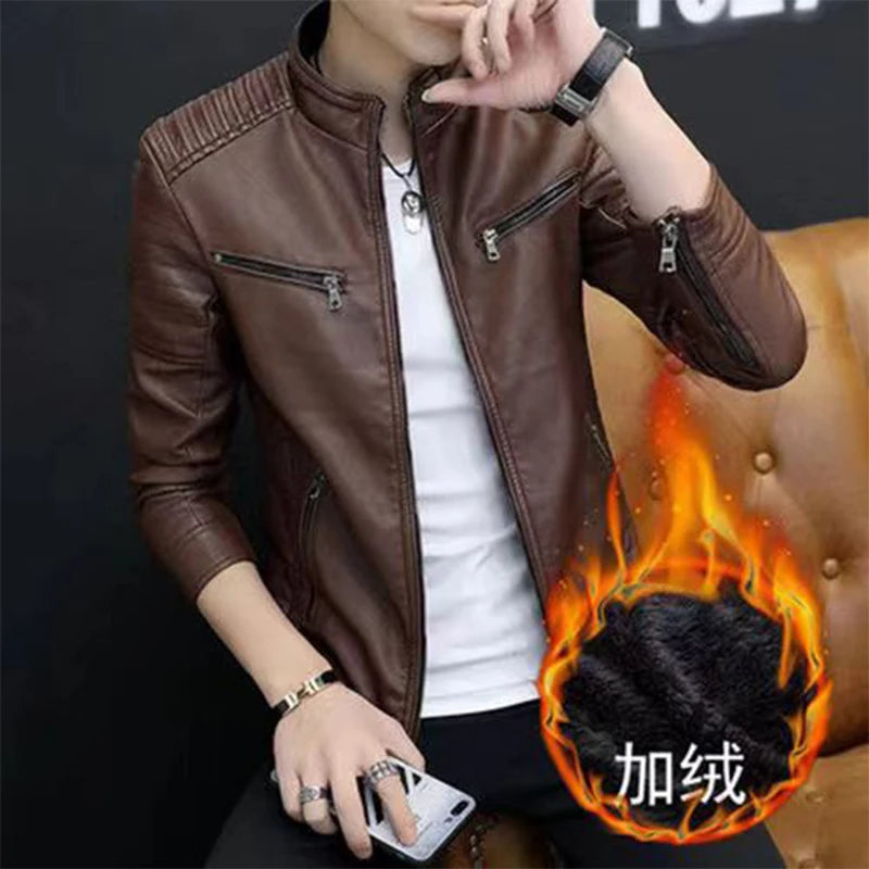 Autumn Winter Stand Collar Loose Casual PU Lether Jacket Male Add Velvet Warm Zipper Coat Men Trend Fashion Cardigan Top Outwear