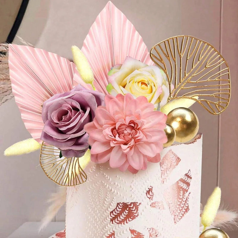2/4pcs Palm Spear Cake Topper Happy Birthday Golden Palm Leaf Decor Cake Decorating Wedding Baking Dessert Table Party Favors