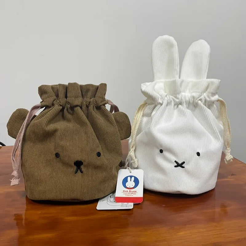 corduroy Miffy rabbit Drawstring Bundle pouch Kawaii lovely travel Portable cosmetic Storage Washing rinsing Money bag package