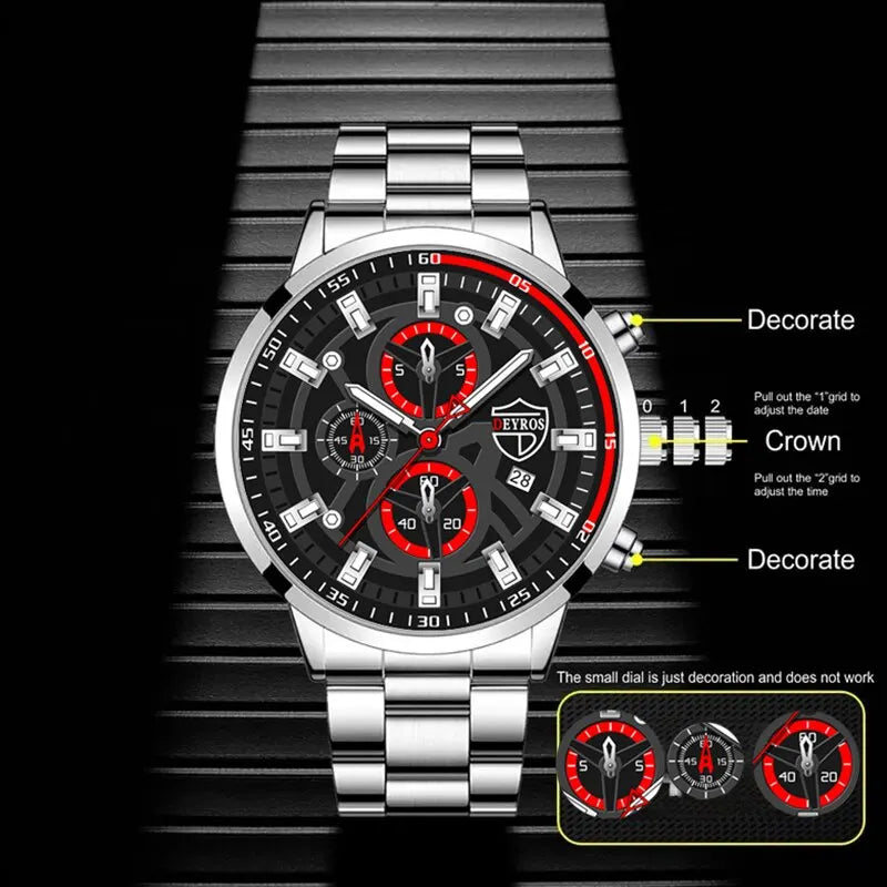 3PCS Set Fashion Luxury Mens Calendar Watches Male Casual Silver Quartz Watch Men Necklace Bracelet Wrist Watch