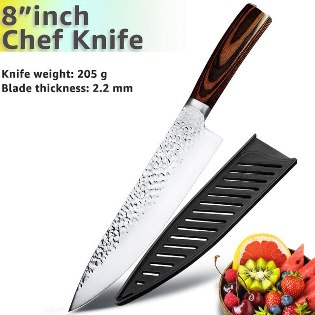 Kitchen Knife Japanese Chef Knives Set 7CR17 High Carbon Stainless Steel Full Tang Hammer Pattern Meat Cleaver Utility Santoku K