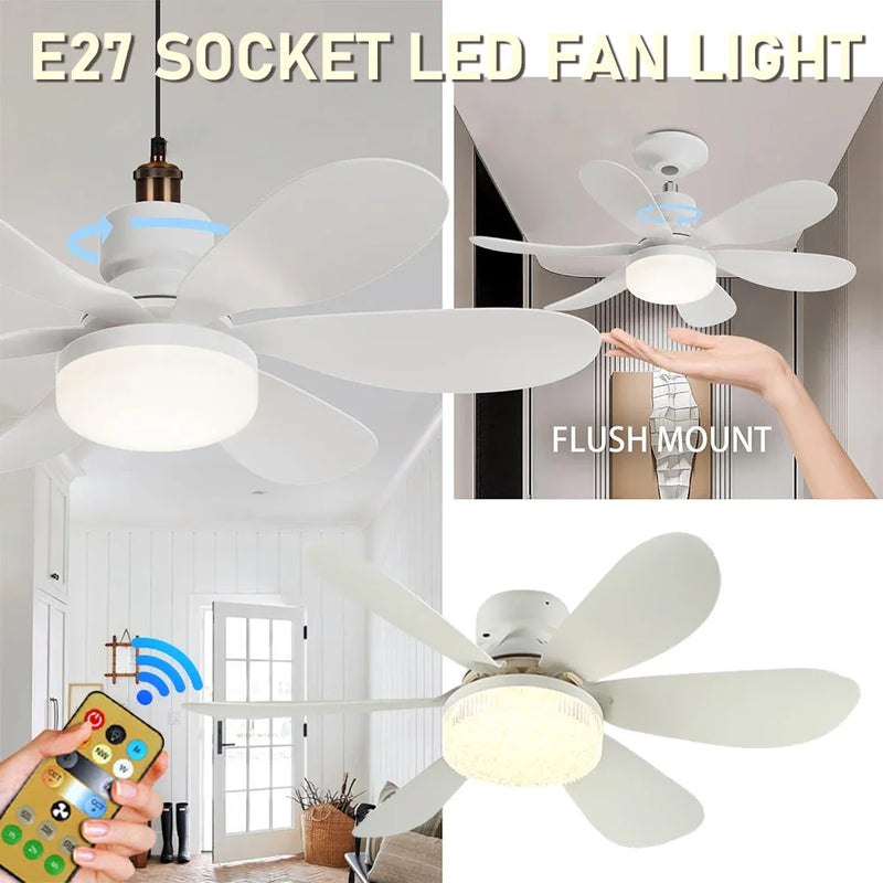 E26/E27 Screw Head LED Fan Light Remote Control Three Color Dimming Detachable Fan Leaf Living Room Bedroom Small Fan Light