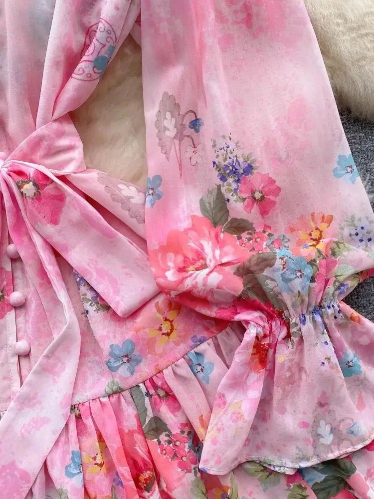 2024 Spring Summer Gorgeous Flower Chiffon Dress Women's V Neck Long Petal Sleeve Buttons Floral Print Lace Up Belt Mini Vestido