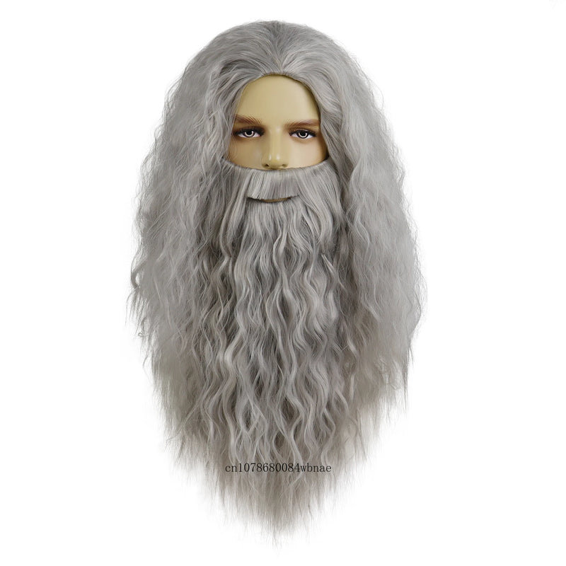 Dumbledore Wigs Synthetic Hair Long Curly Wavy Wizard Grey Wig and Beard for Men Cosplay Accessory Party Halloween Dress Costume