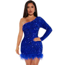 Sexy and Elegant Women's Party Dress Long Sleeved Diagonal Shoulder Off Shoulder Sparkling Edge Sequin Tight Women's Prom Dress
