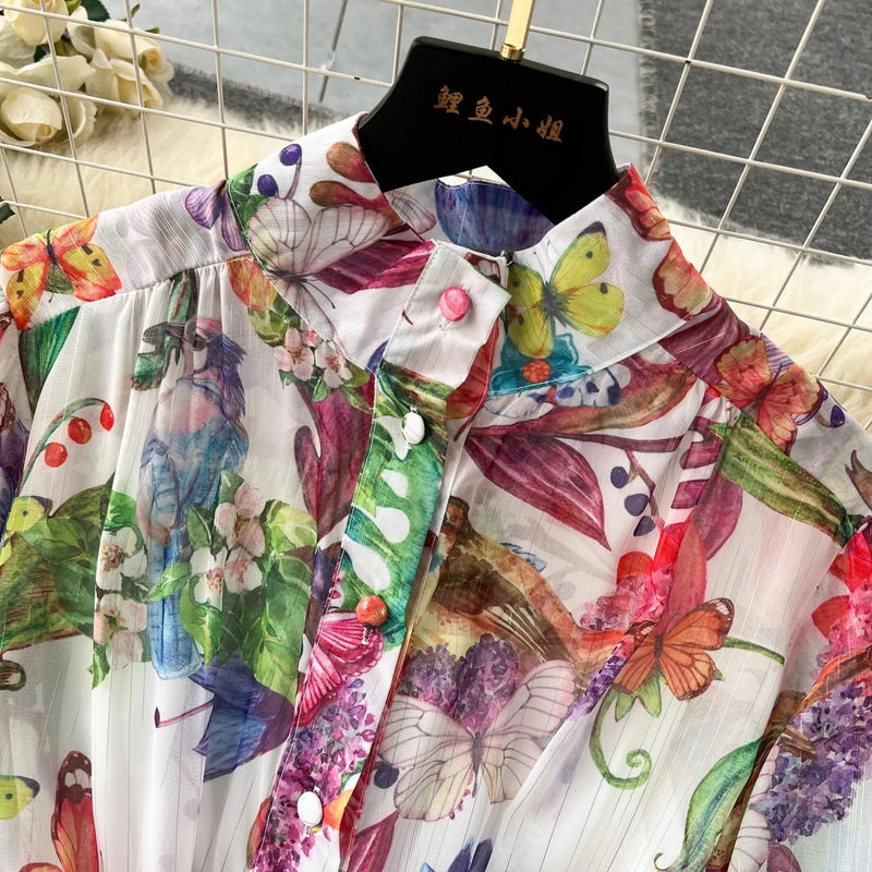 Bohemian Floral Chiffon Summer Dresses for Women Runway Stand Lantern Sleeve Belt Beach Holiday Long Vestidos Boho Robe 2056