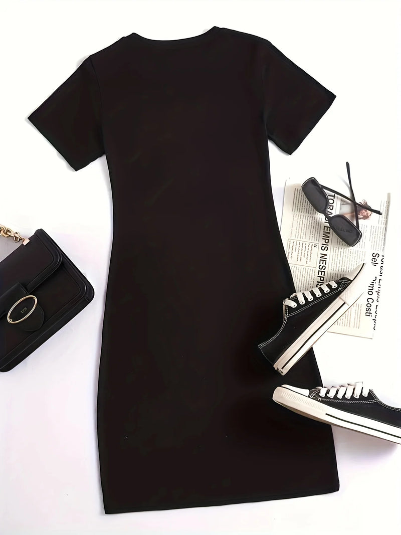 Summer new women's MILANO ITALY letter pattern cartoon print casual slim fit sexy short sleeved round neck T-shirt mini dress