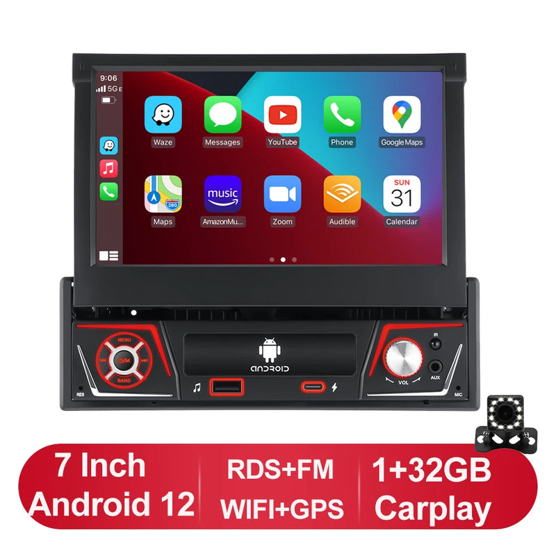 1 din Car Radio Android Carplay Auto Universal 7" IPS Retractable Screen gps Navigation 1Din Android 12 Multimedia Video Player