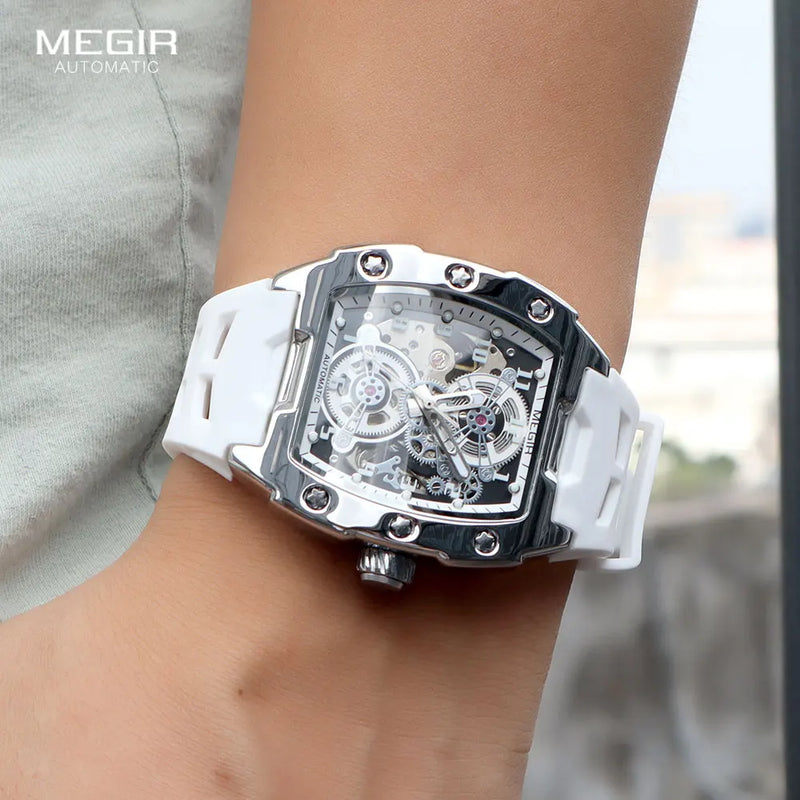 MEGIR 8602 Sport Automatic Watch Men Waterproof White Silicone Strap Mechanical Wristwatch with Tonneau Hollowed-out Dial