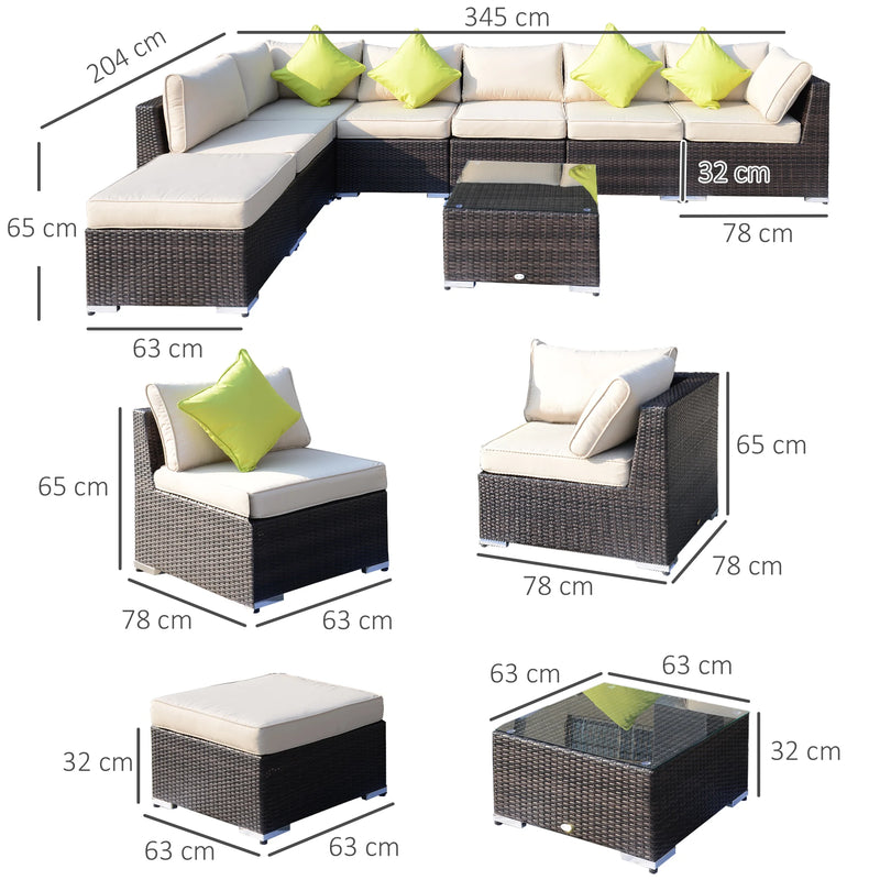 Outsunny 8 Pieces PE Rattan Corner Sofa Set with Thick Cushions, Aluminium Rattan Garden Furniture Set with Glass Top Table